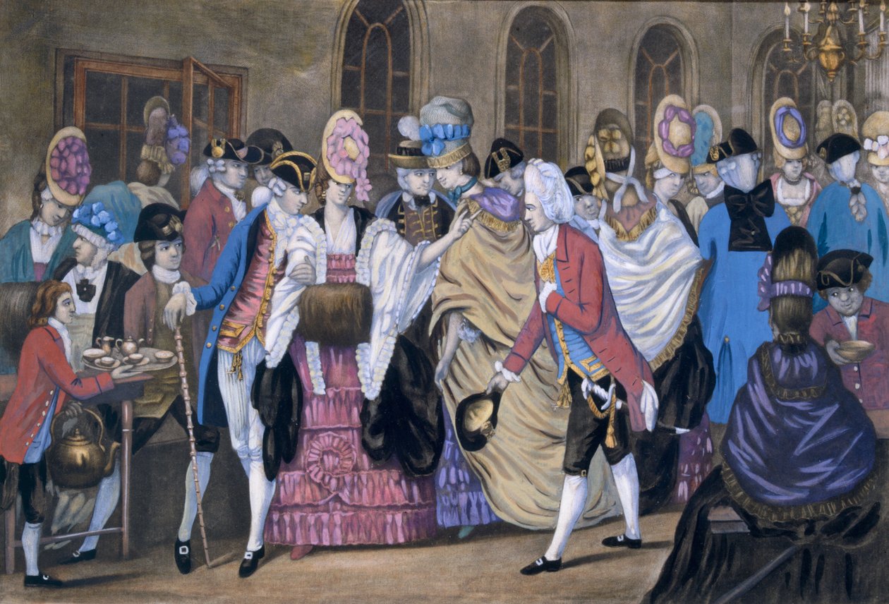 Manufaktura Chleba i Masła, czyli Humory Bagnigge Wells, wyd. Carington Bowles, 1772 99: Styl makaronu; strój tradycyjny; strój tradycyjny; moda; czajnik; kubki; autorstwa English School