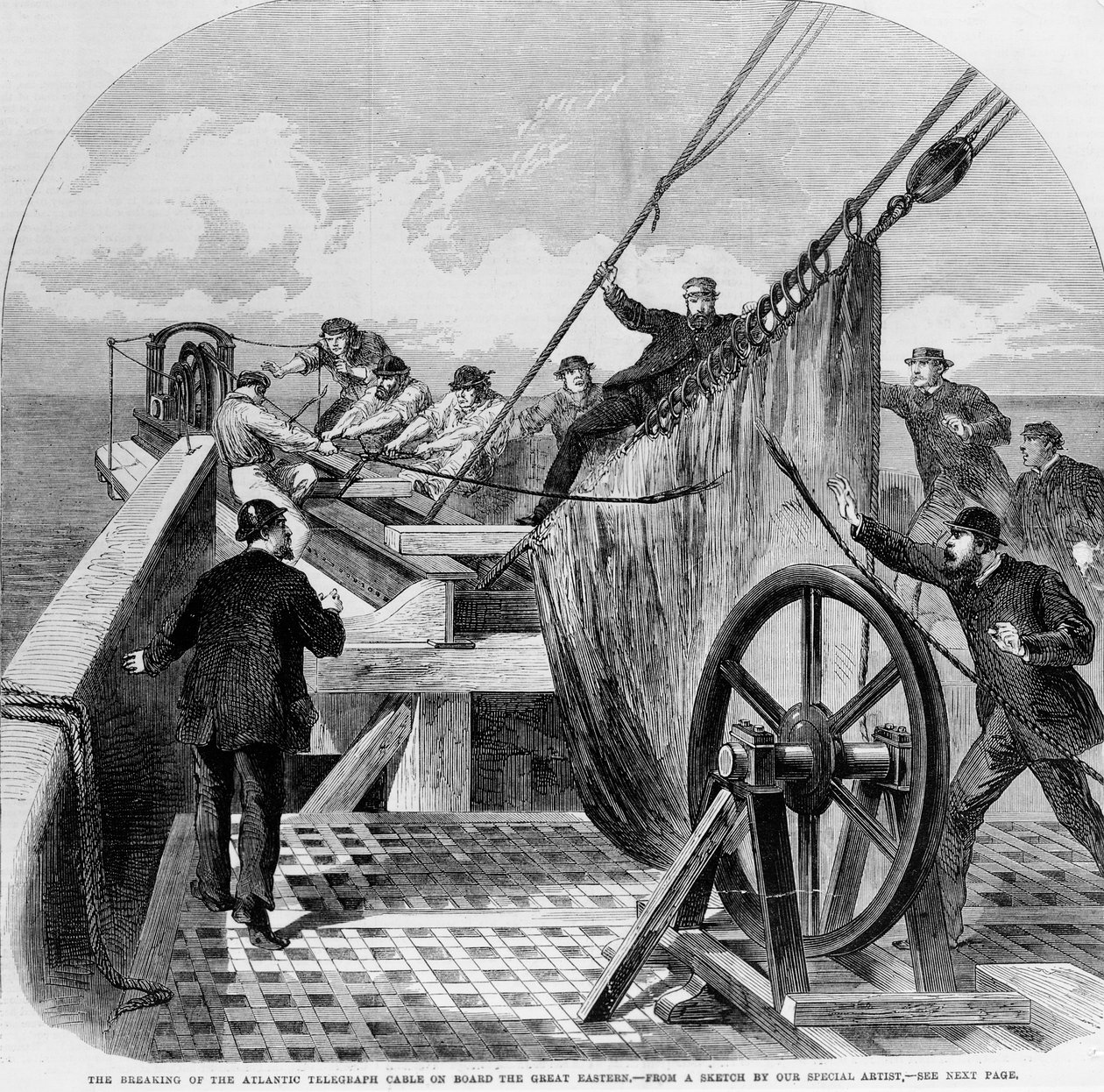 Przerwanie atlantyckiego kabla telegraficznego na pokładzie Great Eastern, 1865 (grawerowanie) autorstwa English School