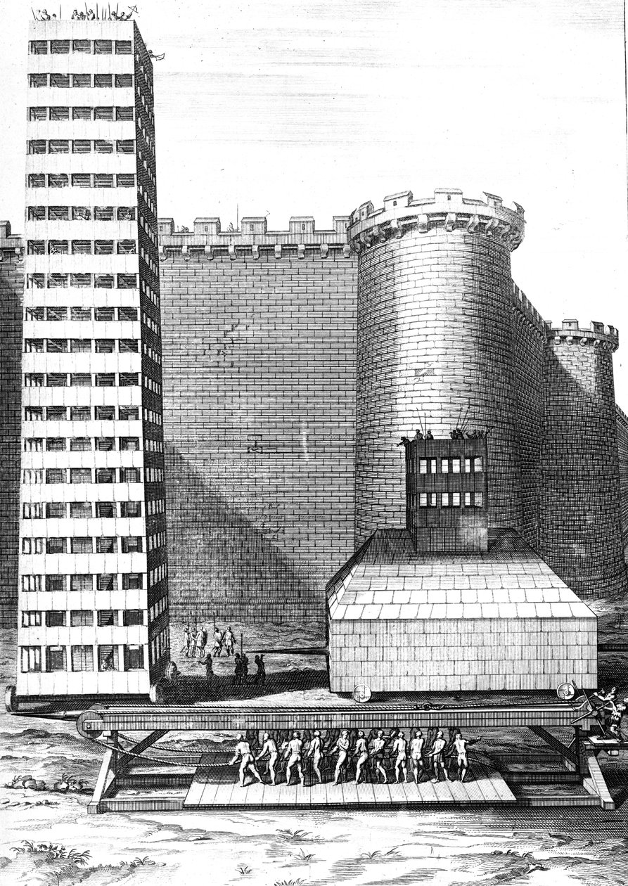 The Brick Tower and Musculus at the Siege of Marseilles, rytowane przez Cornelisa Huybertsa, ilustracja z Caesars Commentaries przetłumaczona na angielski przez Williama Duncana, opublikowana w 1753 r. autorstwa English School