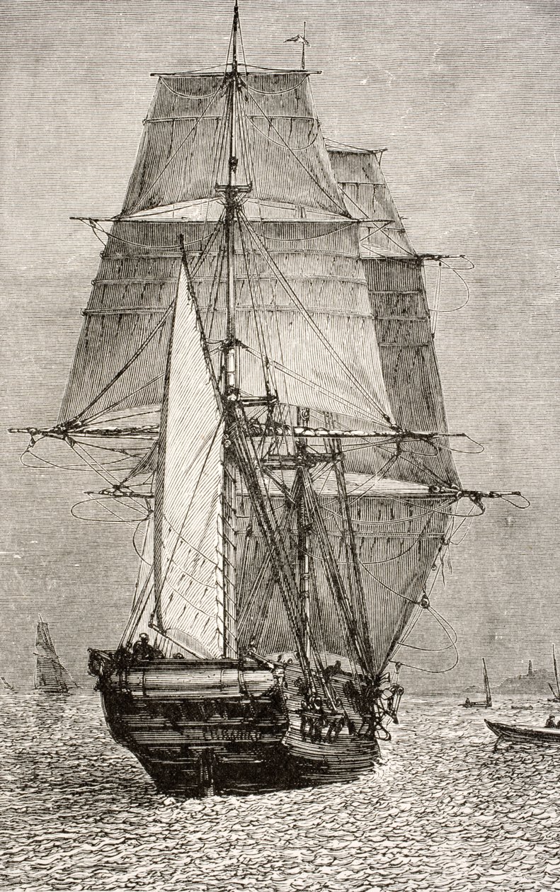 Brig HMS Beagle, z „Journal of Researches” Charlesa Darwina (1809-92), opublikowanego przez Nelson and Sons, 1890 autorstwa English School