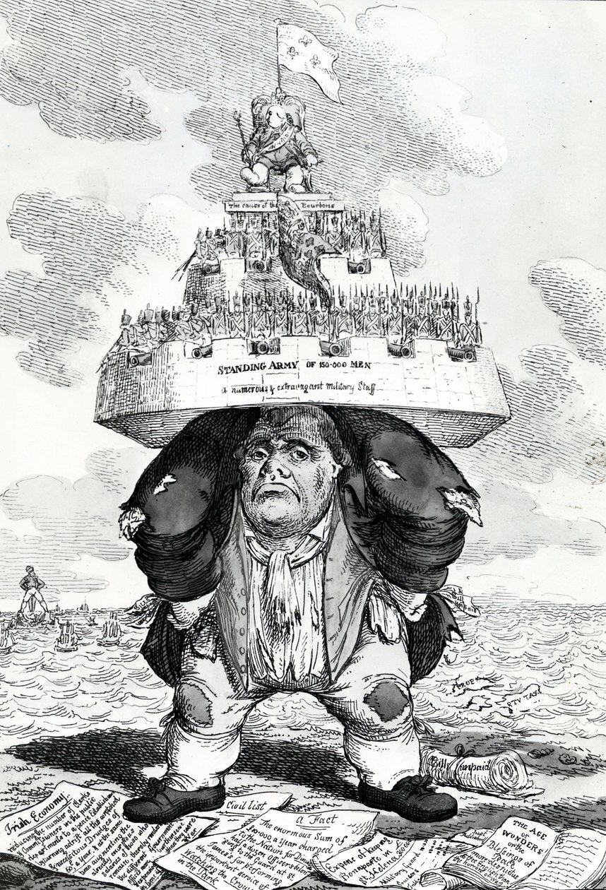 Brytyjski Atlas lub John Bull popierający ustanowienie pokoju, grafika wykonana przez Charlesa Williamsa, 1816 autorstwa English School