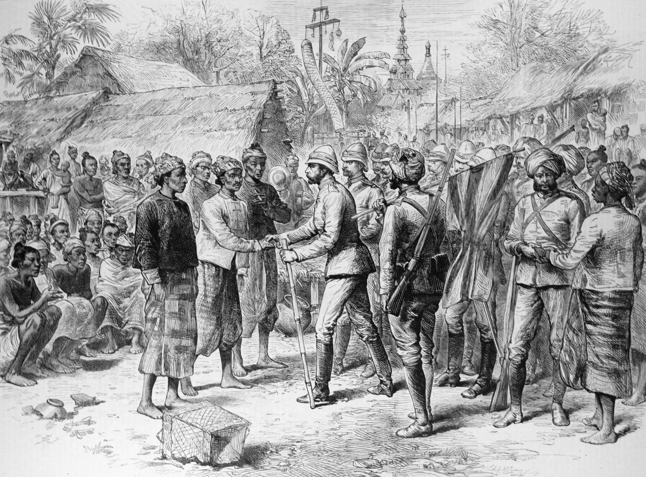 Wyprawa birmańska: wywiad generała Prendergasta z oficerami i resztkami armii birmańskiej, z „The Illustrated London News”, 3 czerwca 1886 (rycina) autorstwa English School
