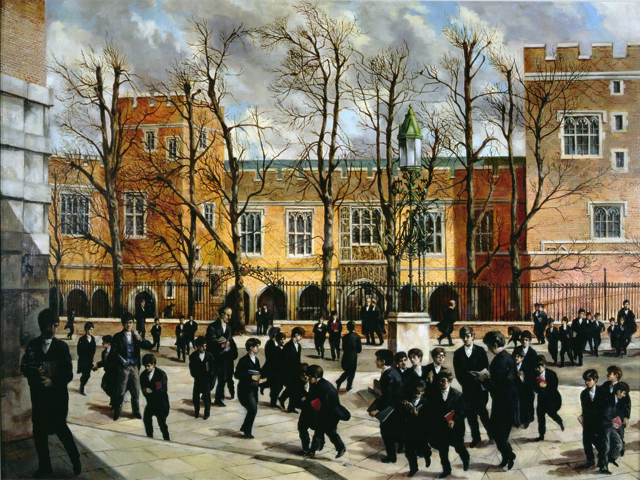 Płonący krzew na szczycie Common Lane, z widokiem na nowe szkoły, Eton College, ok. 1935 r. autorstwa English School