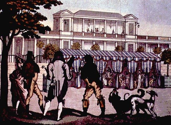 Cafe des Tuileries z „Gazette Supreme Bon Ton” (kolorowy grawerunek) autorstwa English School