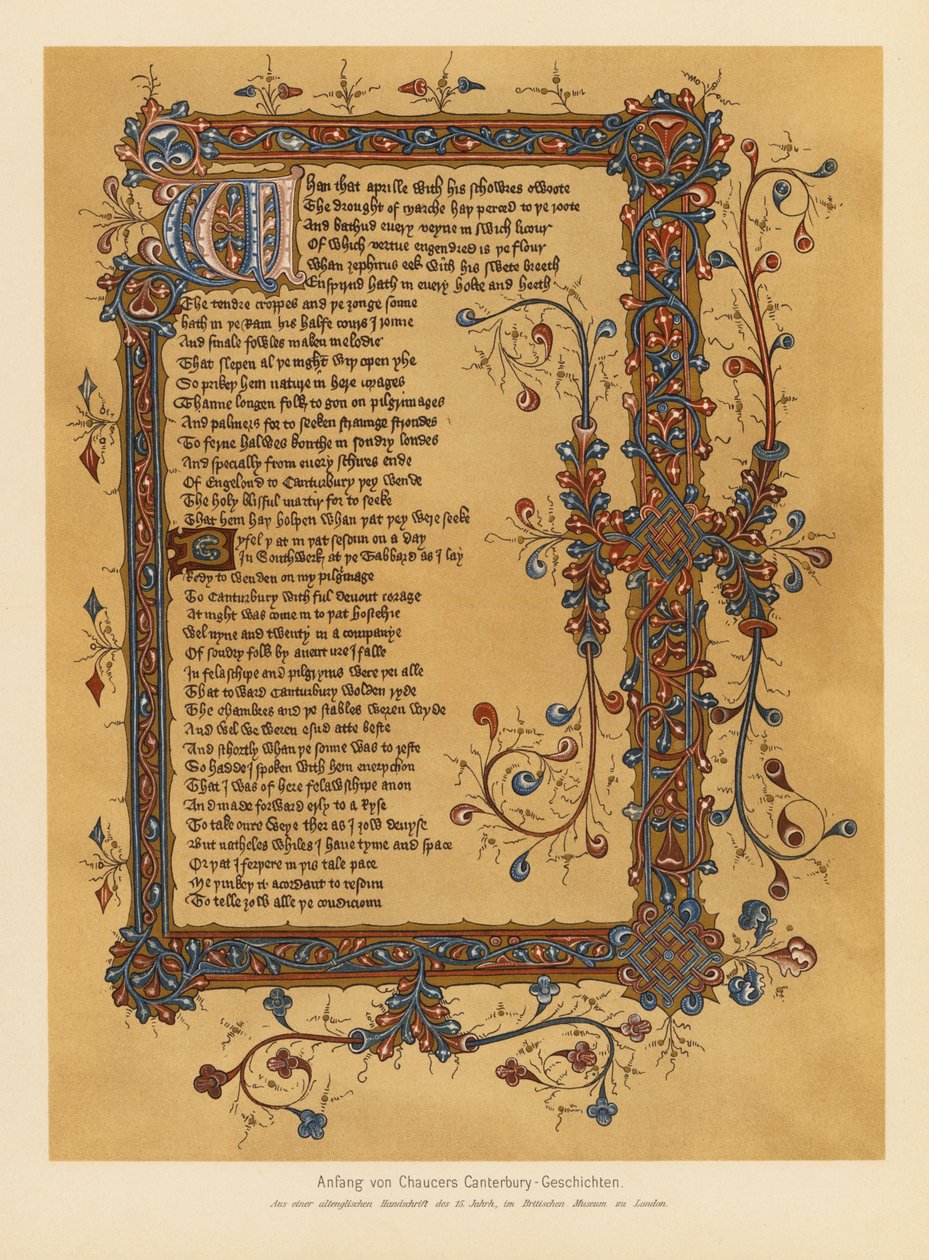 Opowieści kanterberyjskie Geoffreya Chaucera (kolorowa litografia) autorstwa English School