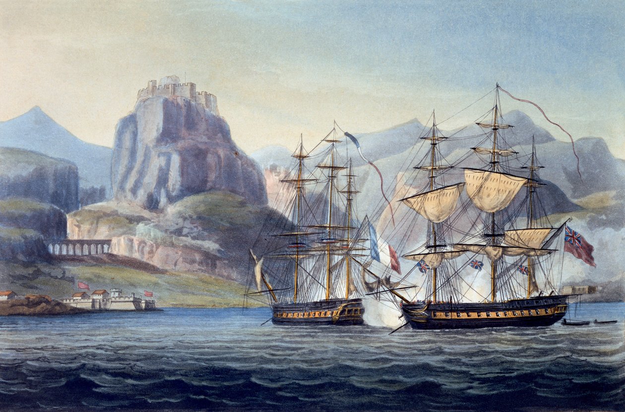 Zdobycie Var przez HMS Belle Poule z Korfu, 1809, z The Naval Chronology of Great Britain, J. Ralfe autorstwa English School