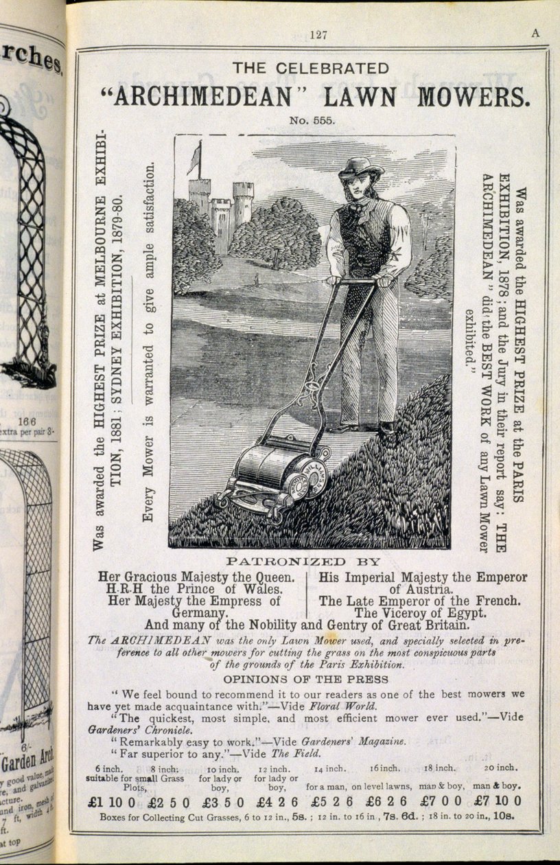 The Celebrated Archimedean Lawn Mowers, z Nowego Ilustrowanego Katalogu Przyborów Ogrodowych, Mebli Ogrodowych i Rekwizytów, opublikowanego przez Wrinch & Sons, 1893 autorstwa English School