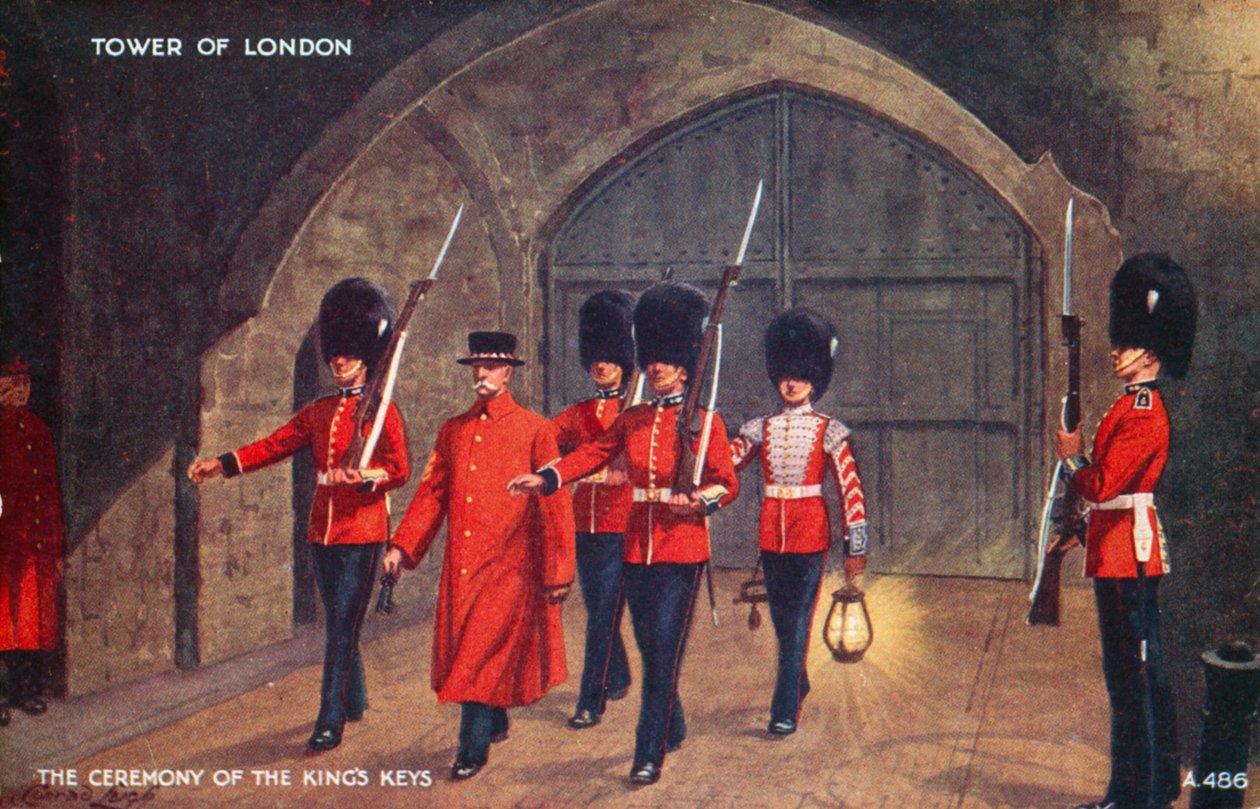 Ceremonia wręczenia kluczy królewskich, Tower of London (kolorowa litografia) autorstwa English School