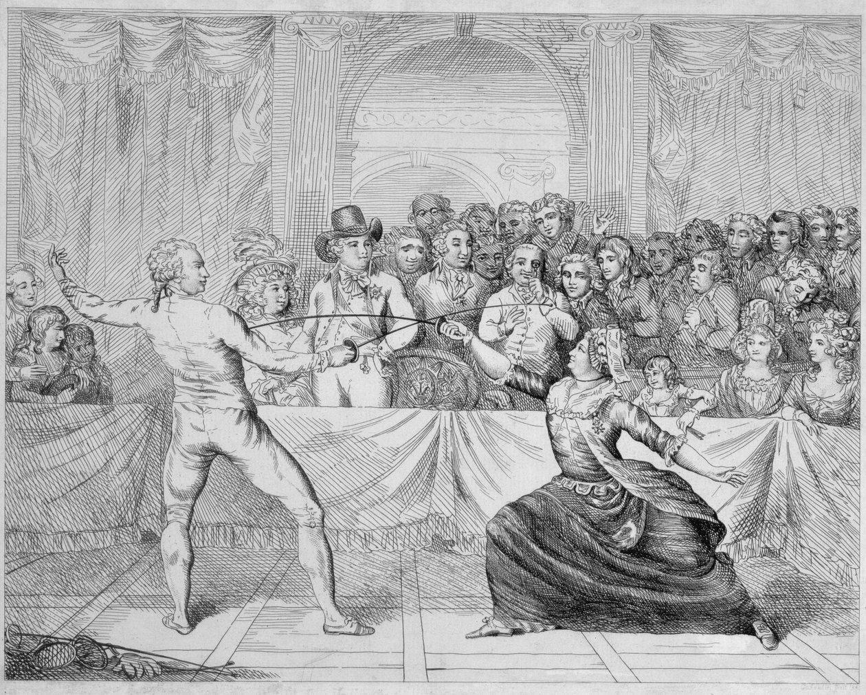 Chevalier dEon, przebrany za kobietę, w meczu szermierki autorstwa English School
