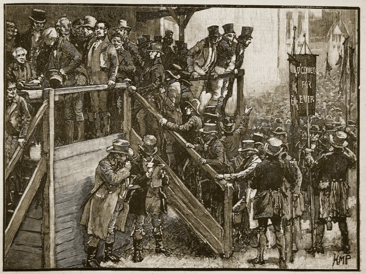 Konkurs Clare: Ojciec Murphy prowadzi swoich lokatorów do głosowania, ilustracja z Cassells Illustrated History of England (zdjęcie w sepii) autorstwa English School