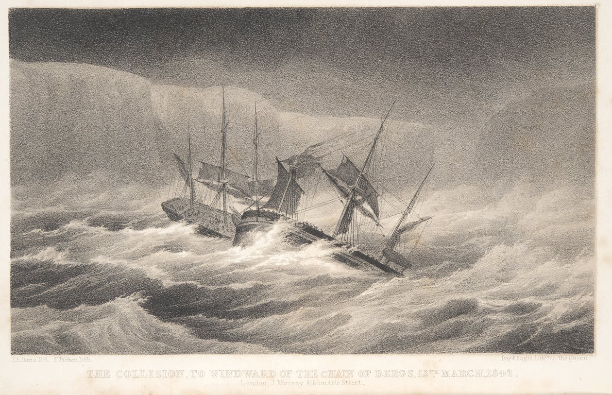 Zderzenie, z Voyage of Discovery and Research in the Southern and Antarctic Regions kapitana Sir Jamesa Clarka Rossa, wyd. 1847 (rycina) autorstwa English School