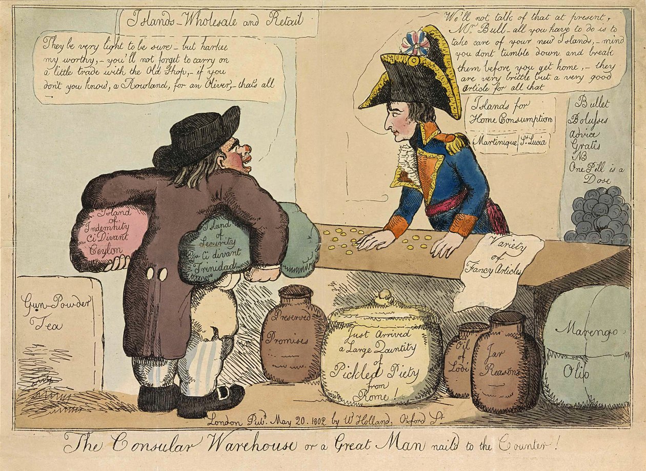 Magazyn konsularny lub wielki człowiek przybity gwoździami do lady, pub. 1802 (grawerowanie ręcznie kolorowane) autorstwa English School