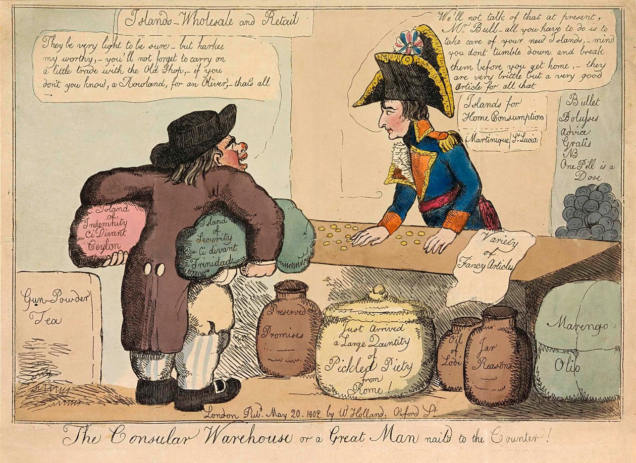 Magazyn konsularny lub wielki człowiek przybity gwoździami do lady, pub. 1802 ręcznie kolorowane grawerowanie. autorstwa English School