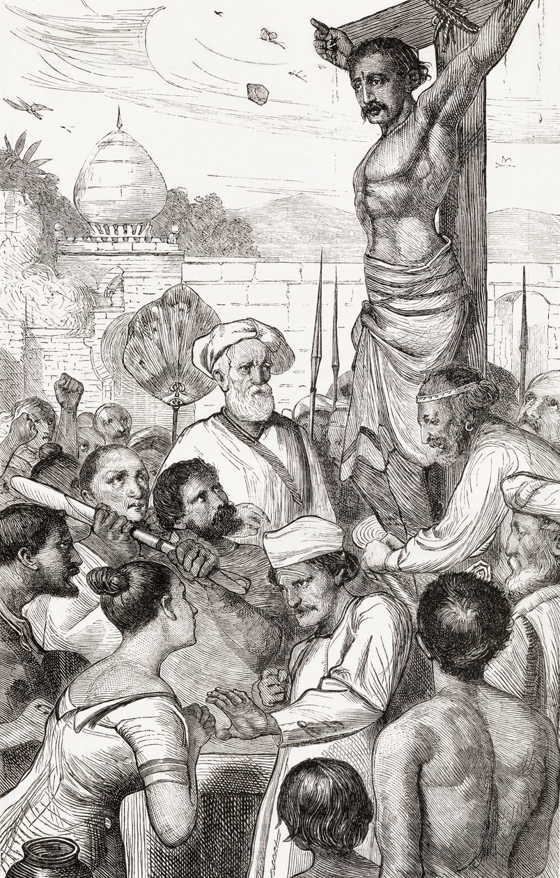 Ukrzyżowanie męczennika kareńskiego z Birmy, ok. 1865 (drewno) autorstwa English School