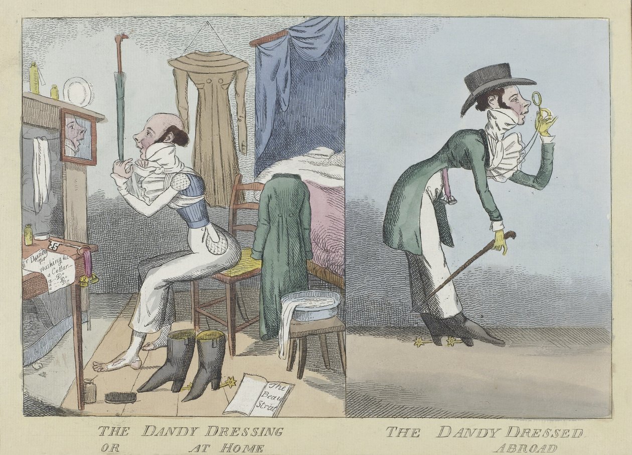 The Dandy Dressing lub At Home, The Dandy Dressed Abroad, pub.c.1820 (ręcznie kolorowane grawerowanie) autorstwa English School