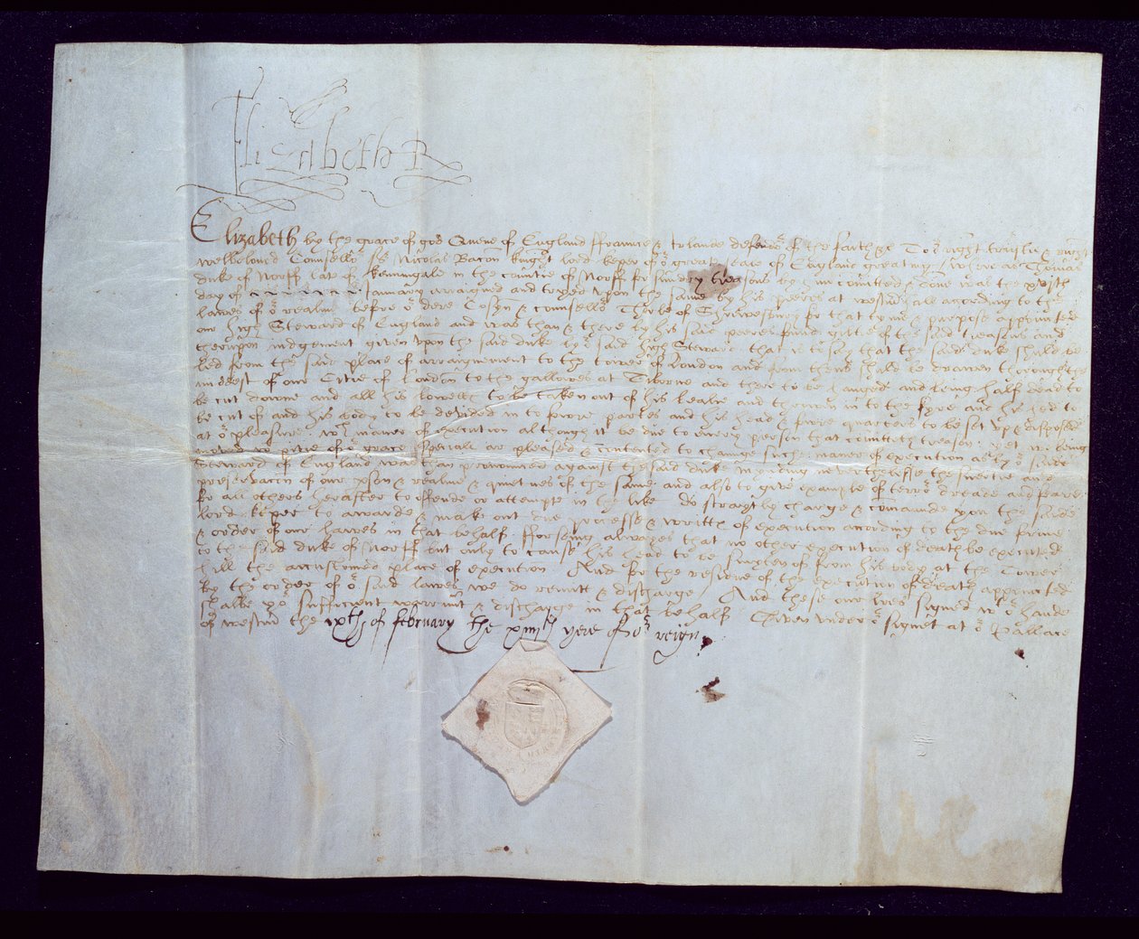 Nakaz śmierci Thomasa Howarda, 4. księcia Norfolk, podpisany przez królową Elżbietę I, 1572 (atrament na welinie) autorstwa English School