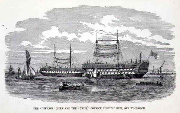 Hulk „Obrona” i statek szpitalny dla więźniów „Unite” przy Woolwich, z „The Criminal Prisons of London and Scenes of Prison Life” Henry