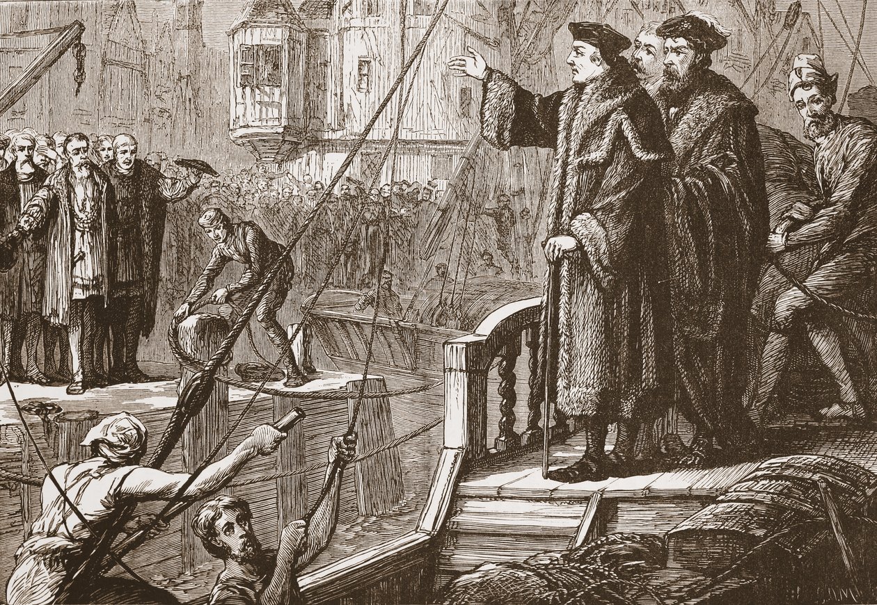 Wyjazd Erazma z Bazylei, ilustracja z Historii protestantyzmu Jamesa Aitkena Wylie (1808-1890), wyd. 1878 autorstwa English School