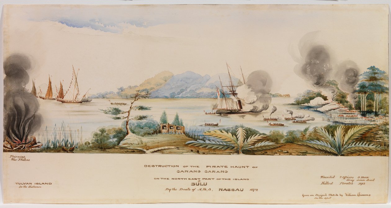 Zniszczenie piratów Carang Carang w północno-wschodniej części wyspy Sulu przez łodzie H.M.S. Nassau w 1872 r. autorstwa English School