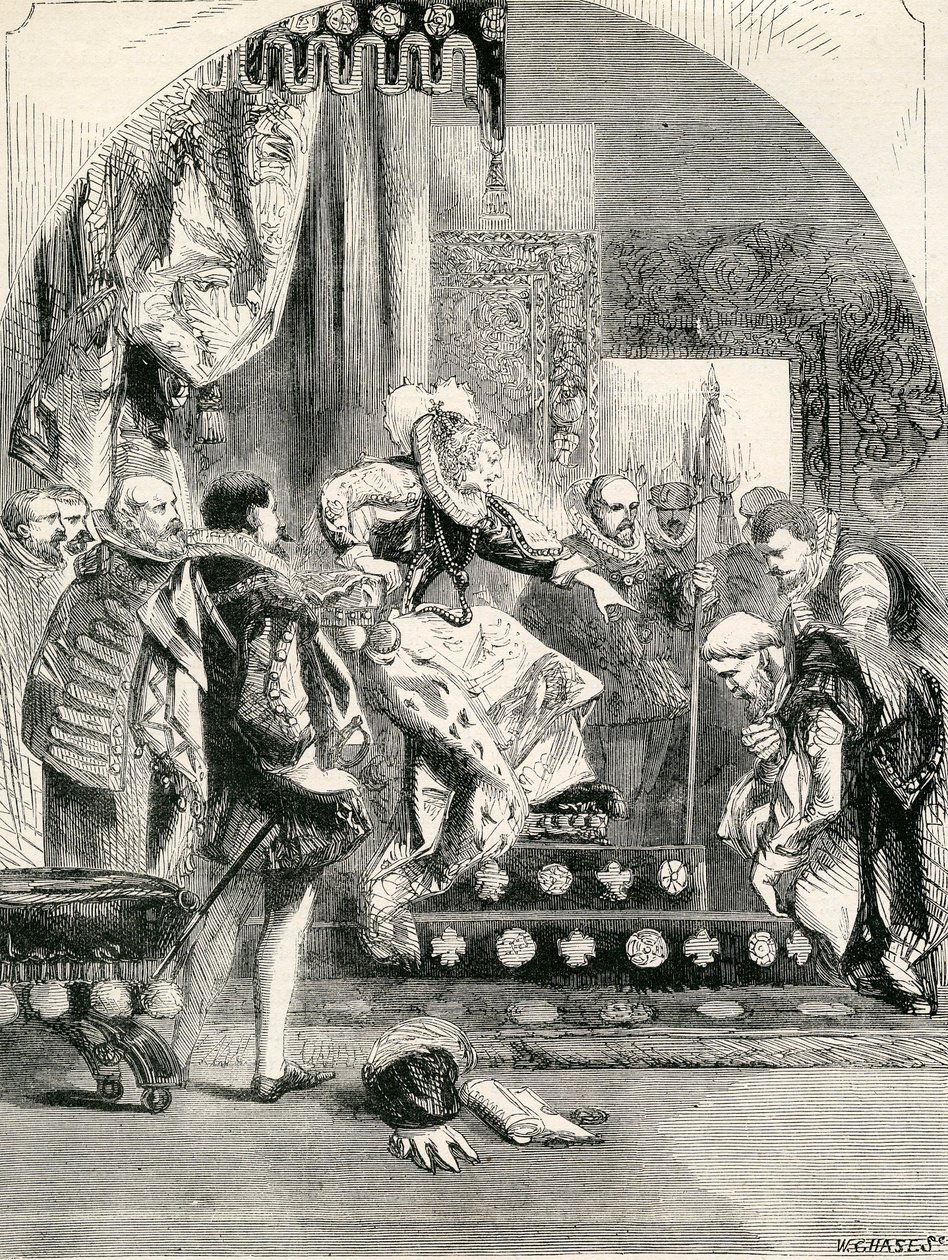 Odprawa hrabiego Murray i opata Kilwinning przez Elizabeth, 1865 autorstwa English School