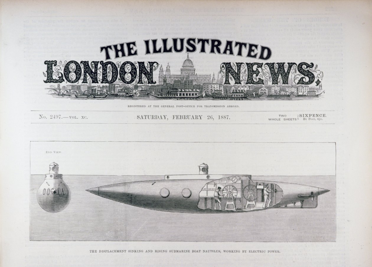 The Displacement Sinking and Rising Submarine Boat Nautilus, pracujący na energię elektryczną, z The Illustrated London News, 26 lutego 1887 autorstwa English School