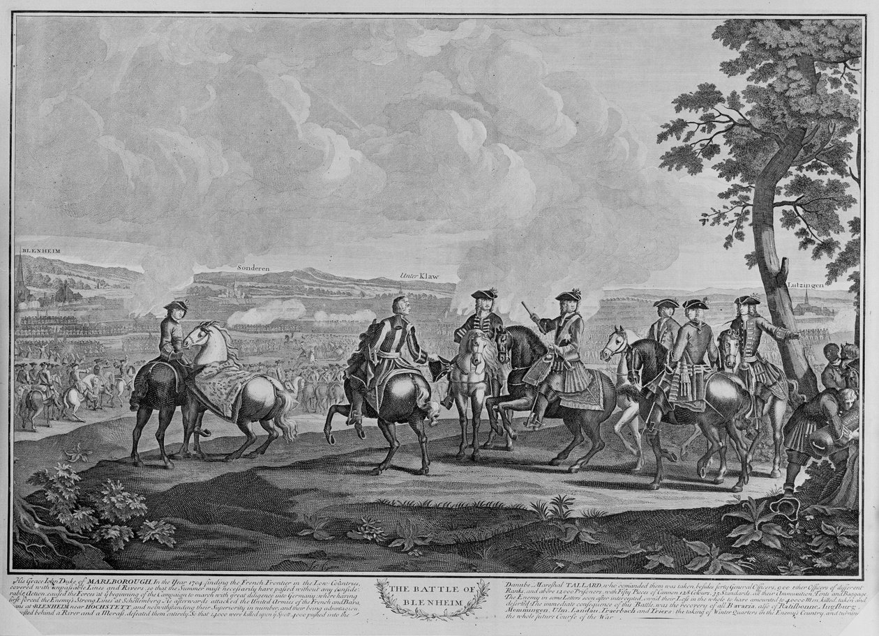 Książę Marlborough (1650-1722) i jego sztab w bitwie pod Blenheim 13 sierpnia 1704 r., c.1704 (grafika liniowa) autorstwa English School