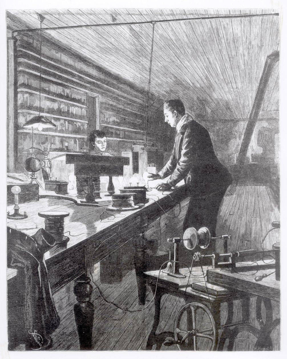 Światło elektryczne, pan Edison (1847-1931) w swoim laboratorium autorstwa English School