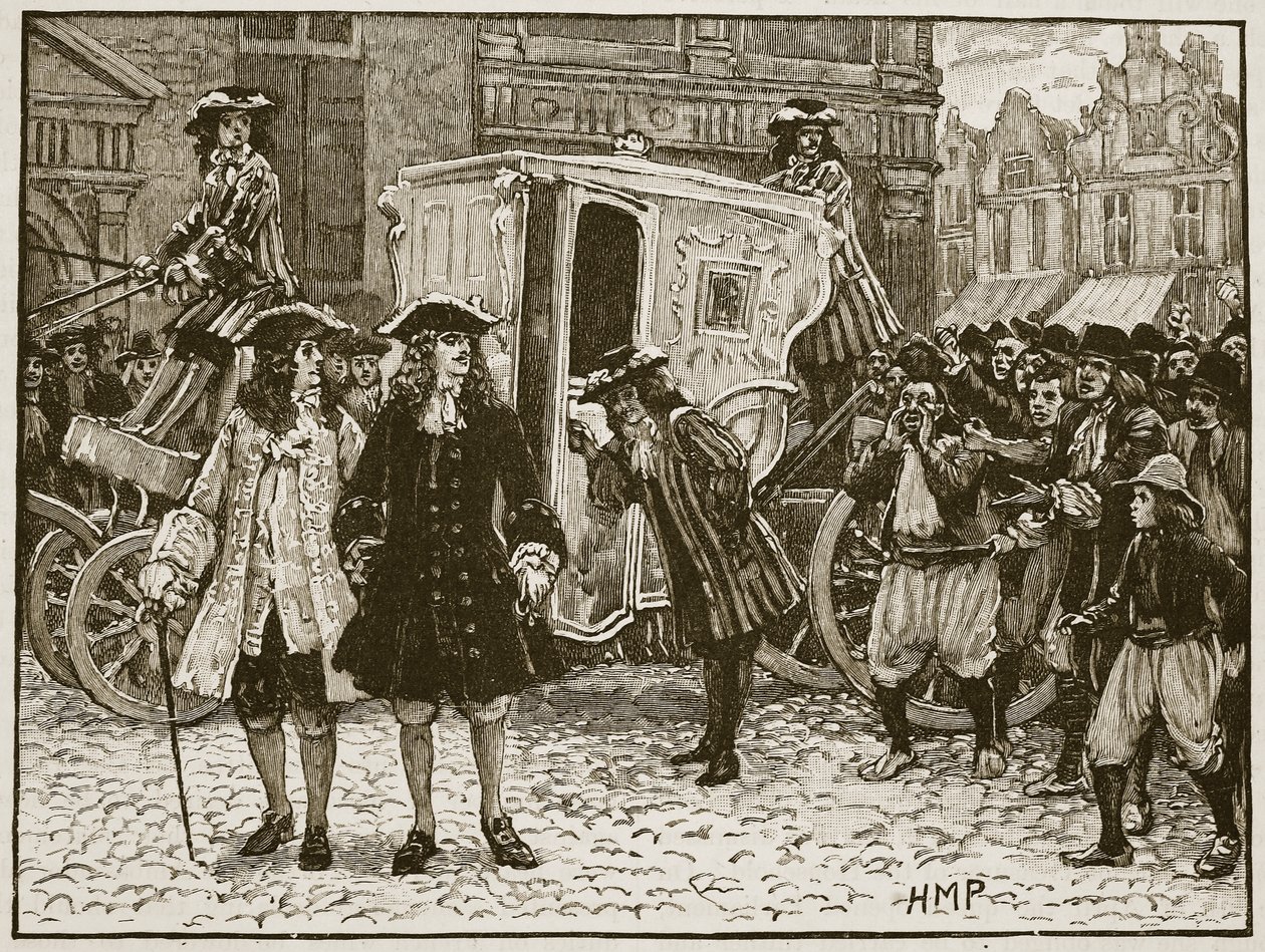 Angielski pełnomocnik obrażony na ulicach Utrechtu, 1712, ilustracja z Cassells Illustrated History of England (zdjęcie w sepii) autorstwa English School