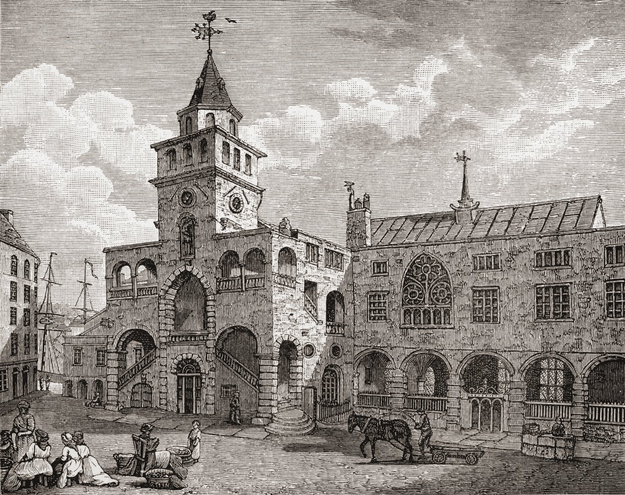Giełda, Newcastle upon Tyne w XVII wieku, z „Krótkiej historii narodu angielskiego” J.R. Greena, opublikowanej w 1893 r. autorstwa English School