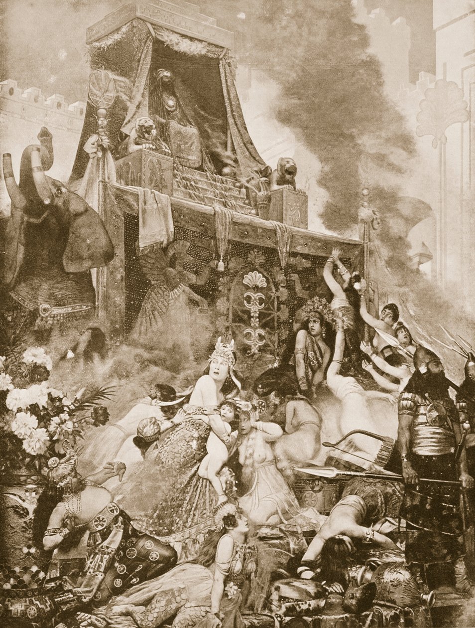 Upadek Niniwy, ilustracja z Historii Narodów Hutchinsonów, ok. 1910-15 autorstwa English School