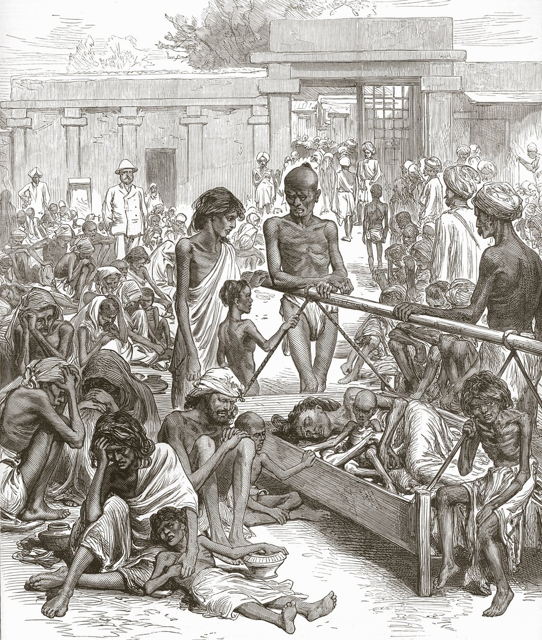 Głód w Indiach: tubylcy czekają na pomoc w Bangalore, październik 1877. autorstwa English School