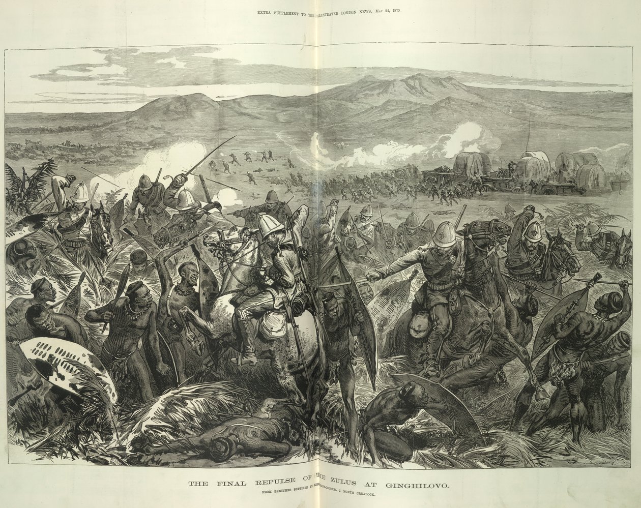 Ostateczne odepchnięcie Zulusów w Ginghilovo, ze szkiców dostarczonych przez podpułkownika J. Northa Crealocka. Ilustracja z „The Illustrated London News”, 24 maja 1879 (lito) autorstwa English School