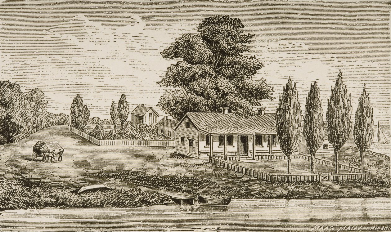 Mackinzie, Chicago, „Pierwszy dom do zbudowania”, z „American Pictures” opublikowanej przez religijne Towarzystwo Traktu, 1876 autorstwa English School