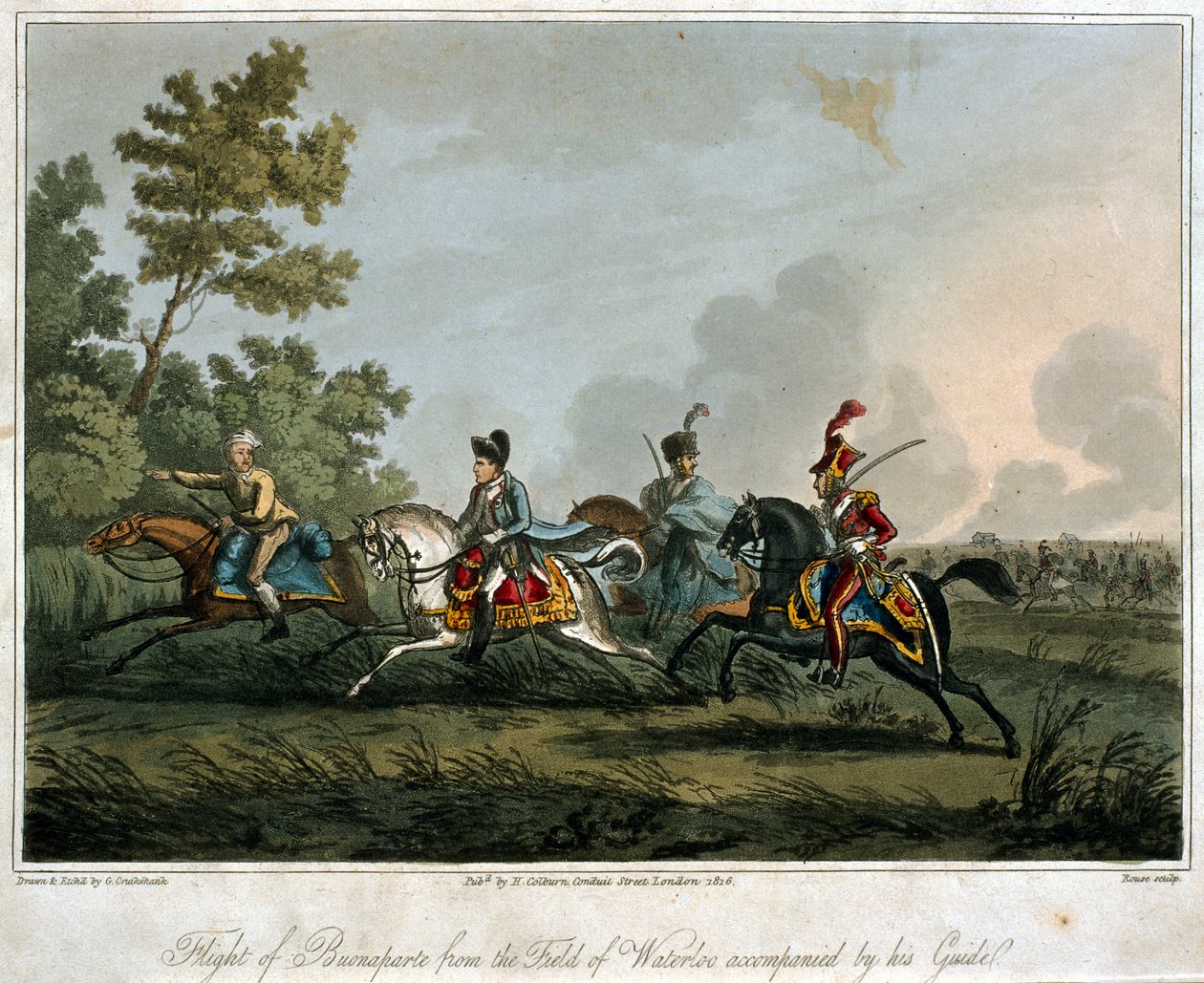 Ucieczka Bonapartego (1769-1821) z pola Waterloo w latach 1815, 1817 (akwatinta) autorstwa English School