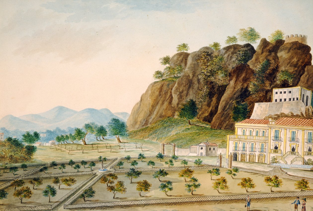 Ogród formalny w La Favorita lub Palazzo Cinese, Palermo, zaprojektowany dla króla Fernanda IV, ok. 1815 (wc na papierze) autorstwa English School