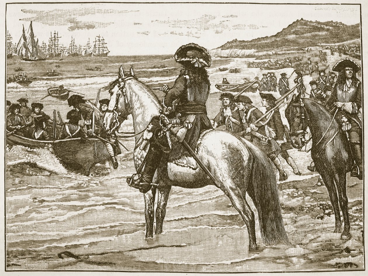 Francuzi wycofujący się z Torbay, ilustracja z Ilustrowanej Historii Anglii Cassells (zdjęcie w sepii) autorstwa English School