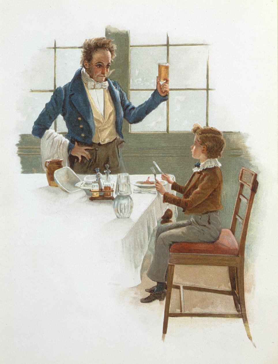 Przyjazny kelner, ilustracja do Davida Copperfielda (1850) autorstwa Charlesa Dickensa (1812-70) autorstwa English School