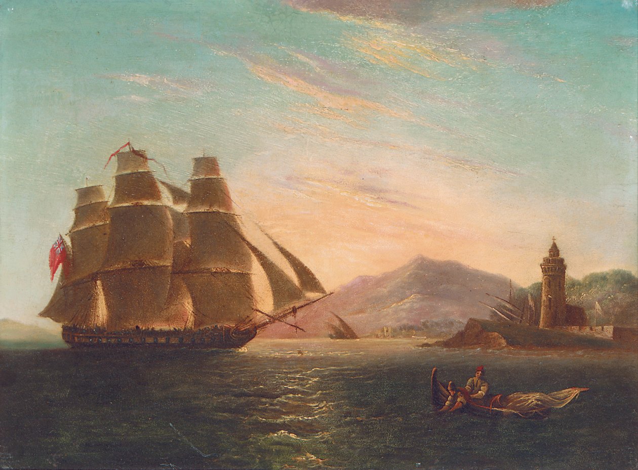 Fregata HMS Pearl, 32 działa, wjeżdża do Faro, Messina autorstwa English School