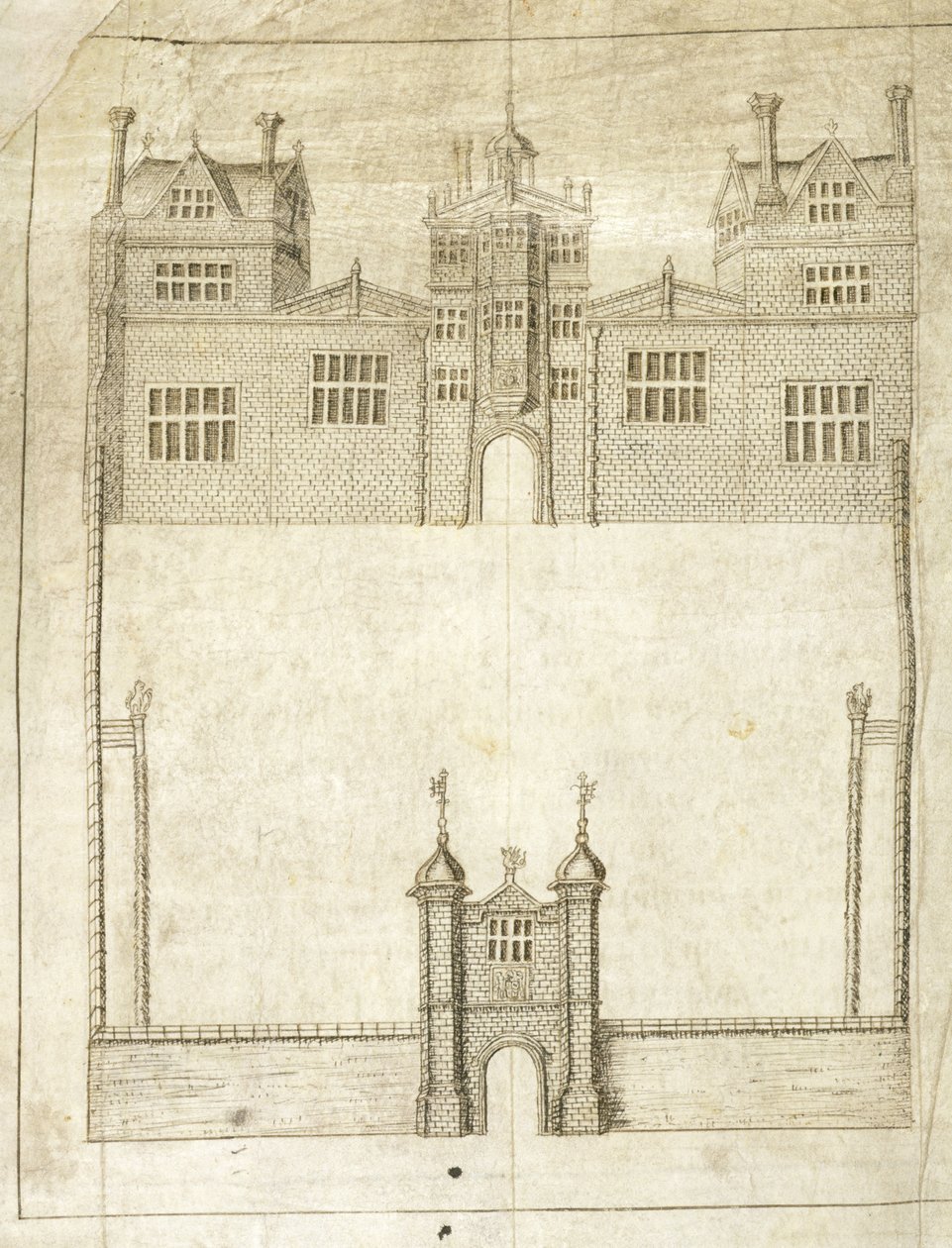 Front of Wilton House, szczegół z Survey of Lands dla 1. hrabiego Pembroke, 1566 (pióro i atrament na welinie) autorstwa English School