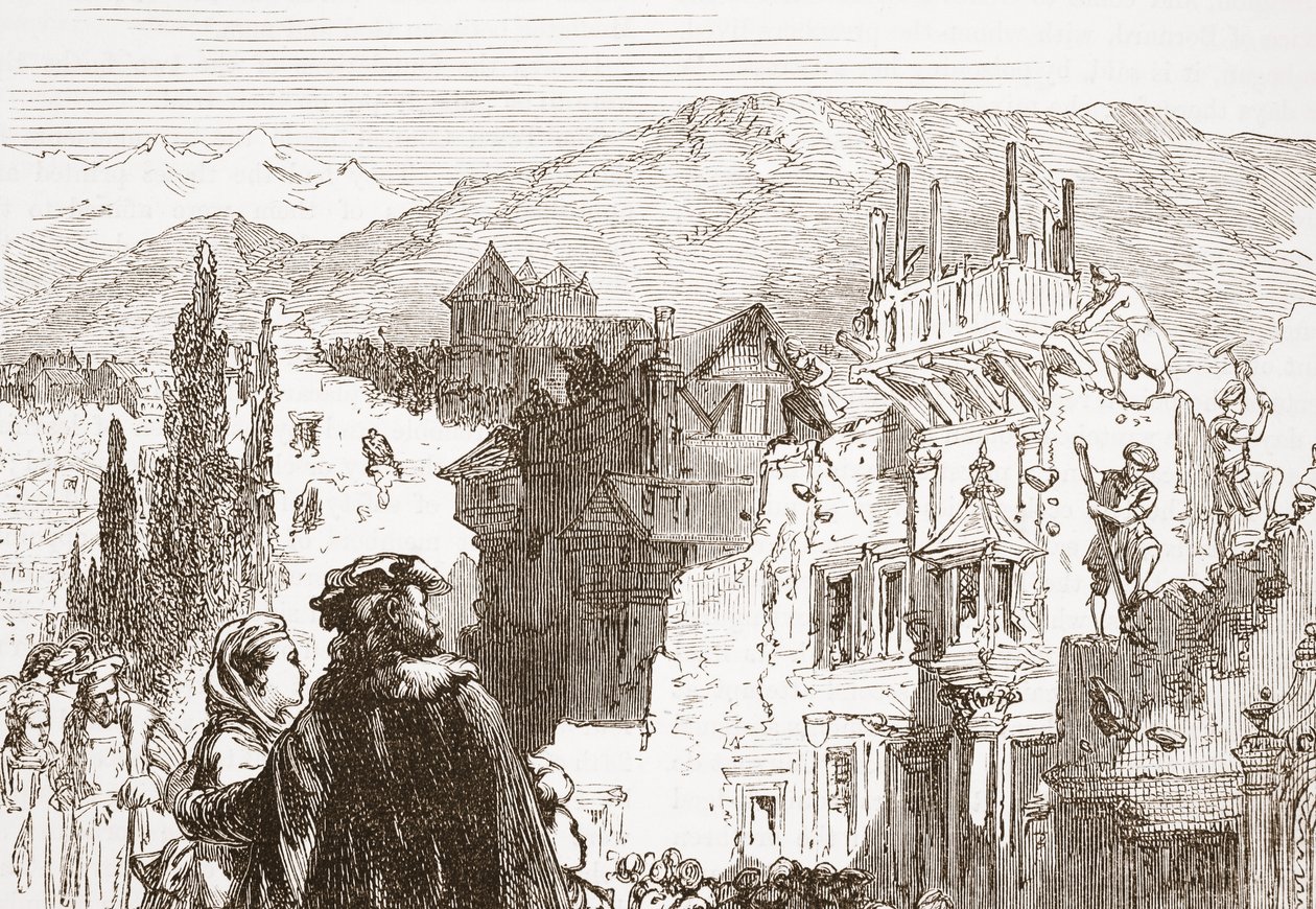 Genewowie niszczą przedmieścia swojego miasta, ilustracja z Historii protestantyzmu Jamesa Aitkena Wylie (1808-1890), wyd. 1878 autorstwa English School