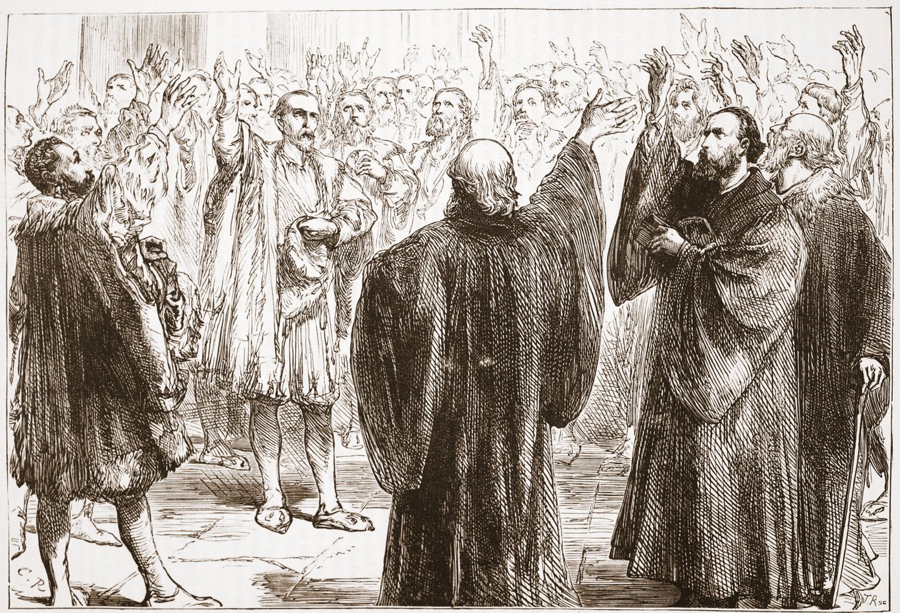 Geneńczycy przysięgający wyrzeczenie się katolicyzmu, ilustracja z Historii protestantyzmu Jamesa Aitkena Wylie (1808-1890), wyd. 1878 autorstwa English School