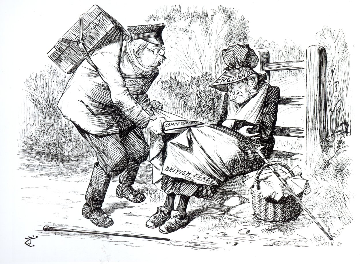 Niemiecki Commercial Traveler kradnący udziały rynkowe z brytyjskiego handlu, karykatura z Punch, The London Charivari, 5 września 1896 autorstwa English School