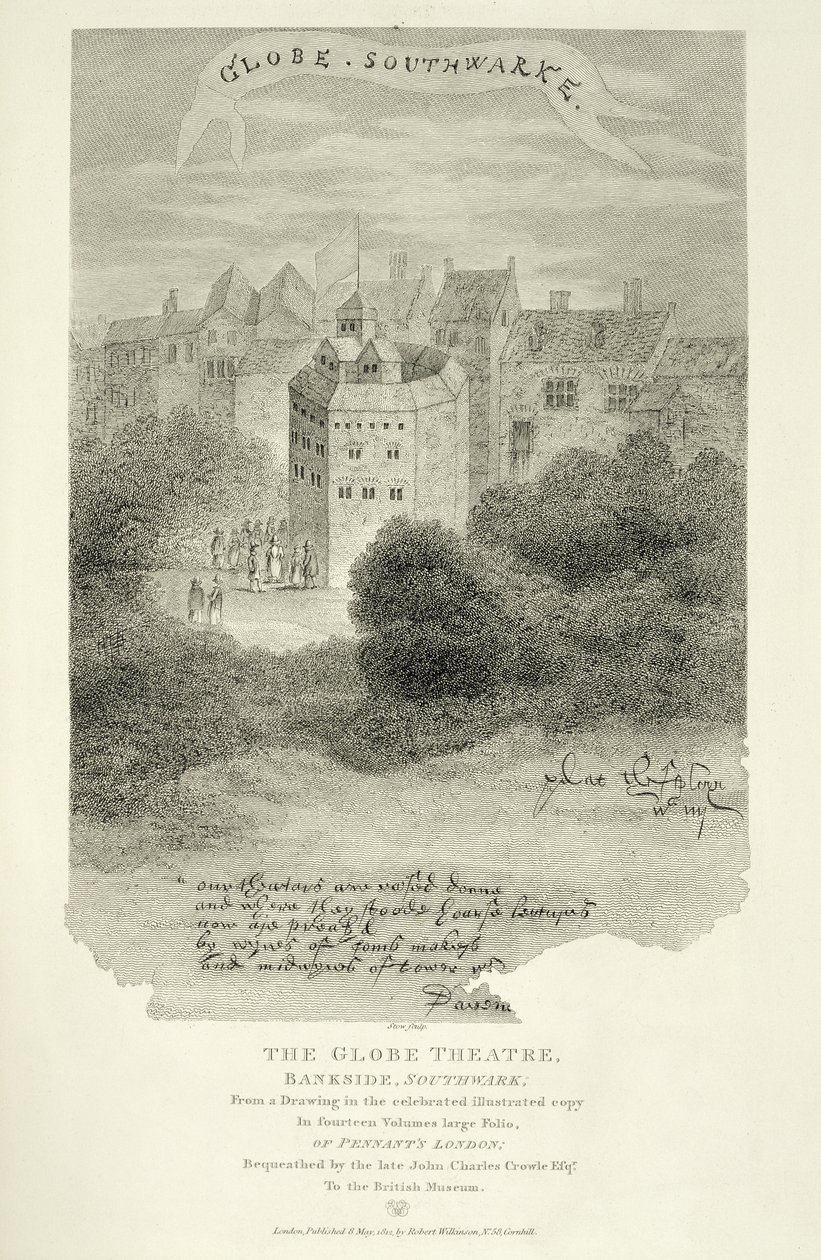 The Globe Theatre, Bankside, Southwark, według rysunku z Pennants London, po raz pierwszy opublikowanego 1793, rytowane przez Jamesa Stow (c.1770-s.1820), opublikowanego 1812 autorstwa English School