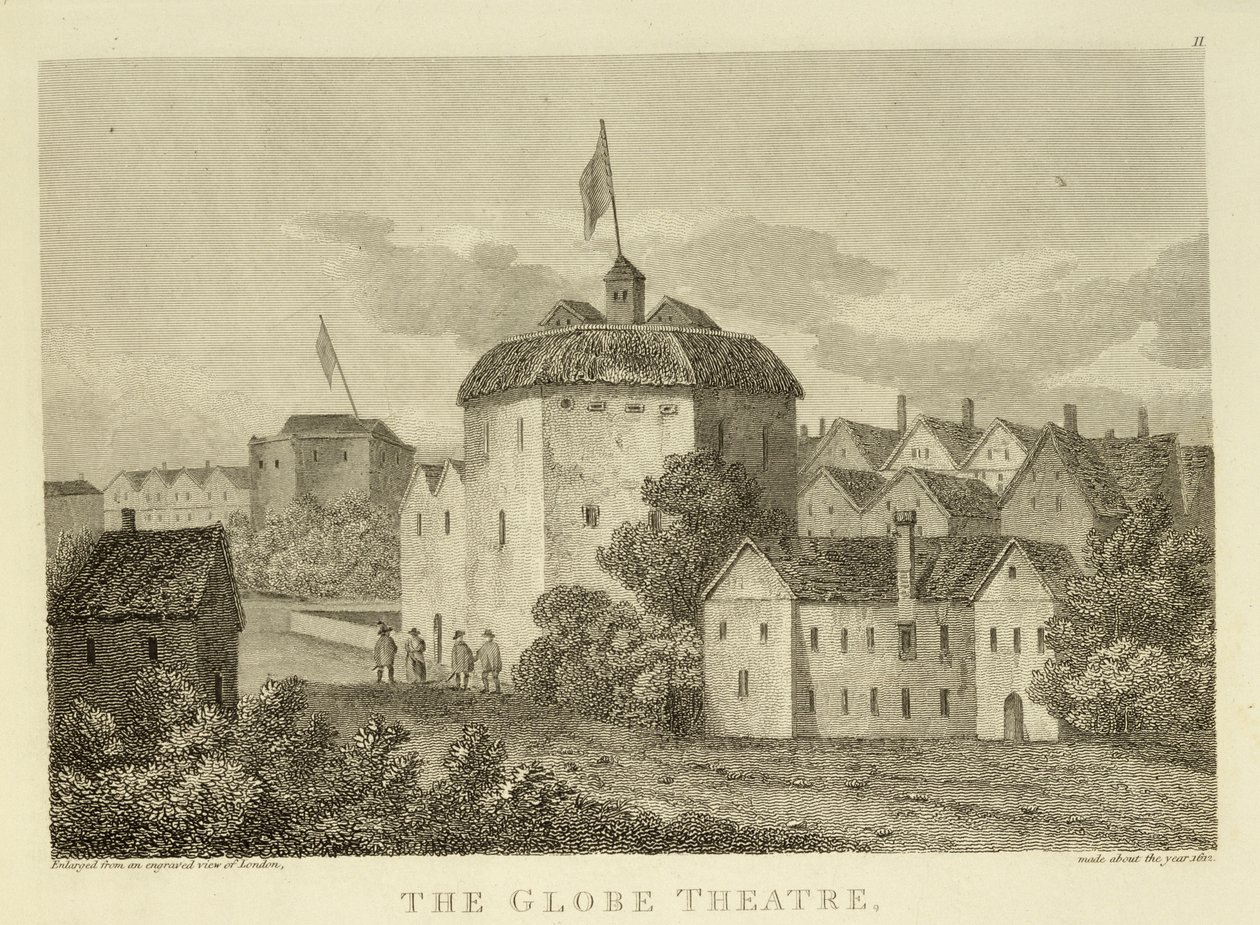 The Globe Theatre nad Bankside, jak pojawił się za panowania Jakuba I (1566-1625), po rycinie c.1612, opublikowany 1810 autorstwa English School