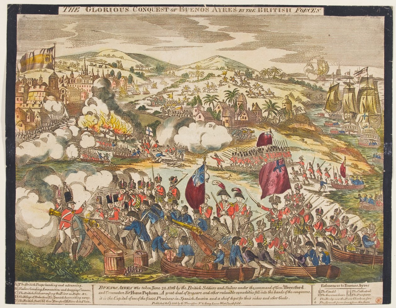 Chwalebny podbój Buenos Aires przez siły brytyjskie, 27 czerwca 1806, wyd. G. Thompson, 1806 (kolorowy drzeworyt) autorstwa English School