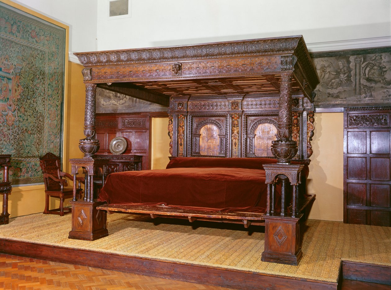 The Great Bed of Ware, c.1590 (rzeźbione, inkrustowane i malowane drewno) autorstwa English School