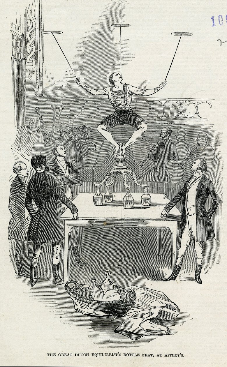 The Great Dutch Equilibrists Bottle Feat at Astleys, ilustracja zaczerpnięta z ilustrowanego London News, 1846 autorstwa English School