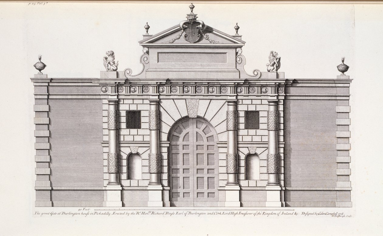 Wielka Brama w Burlington House, Piccadilly, z „Vitruvius Britannicus lub The British Architect” Colena Campbella autorstwa English School