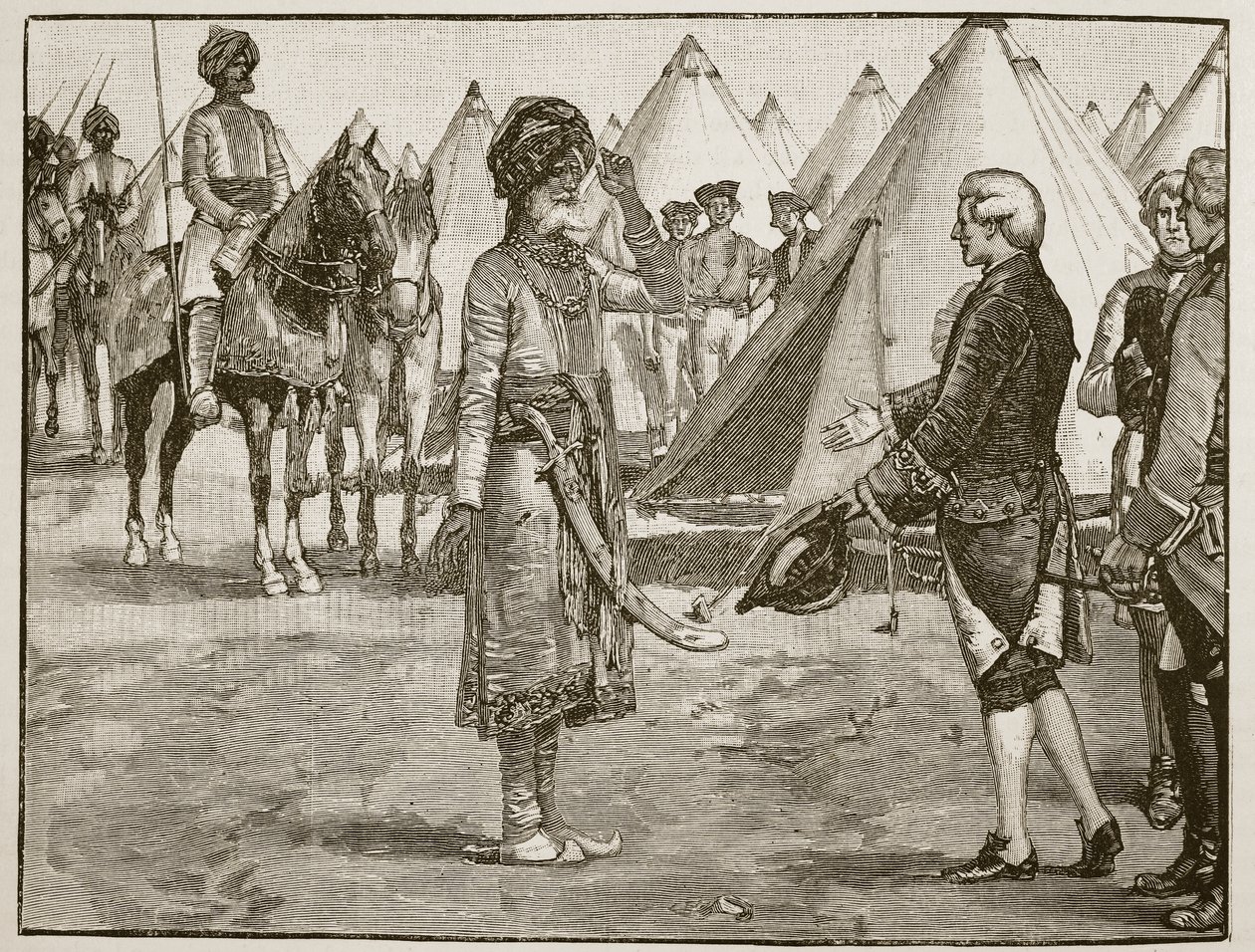 Wielki Moghul wkraczający do obozu angielskiego, 1765, ilustracja z Cassells Illustrated History of England (zdjęcie w sepii) autorstwa English School