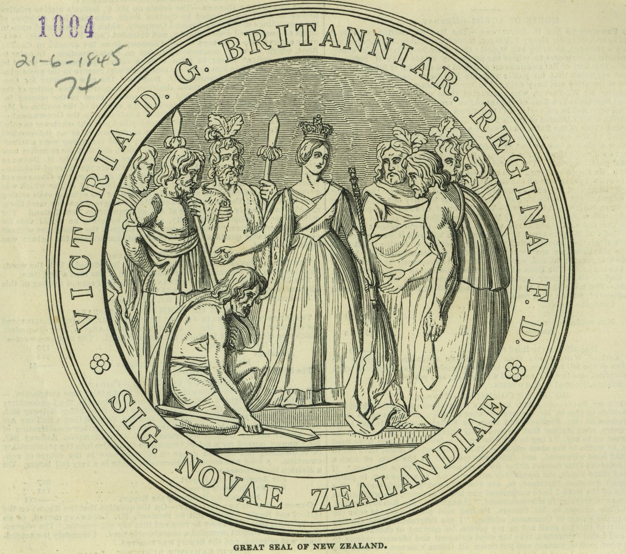 Wielka Pieczęć Nowej Zelandii, z The Illustrated London News, 21 czerwca 1845 autorstwa English School